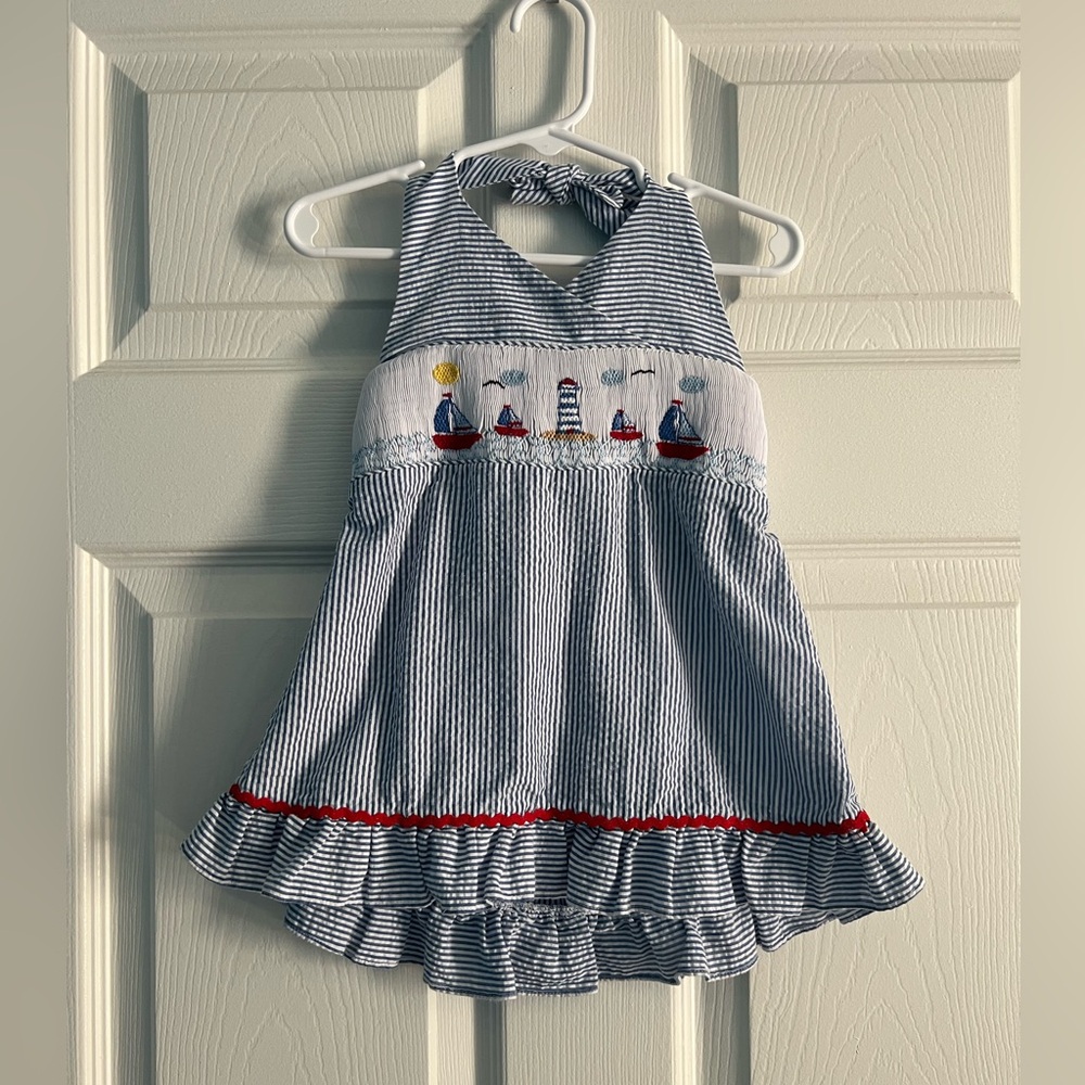 Striped Halter Dress with Nautical Embroidery